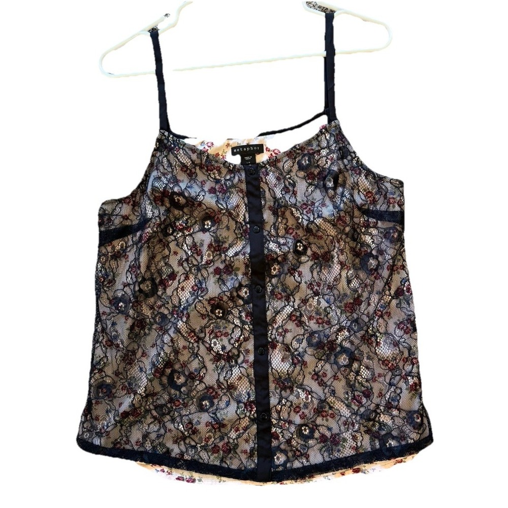 Pink Floral Tank Top Large, Black Lace Overlay, whimsey goth, grunge, festival